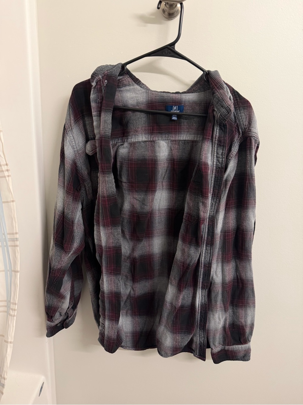 Plaid Hooded Flannel Shirt Jacket - Black & Burgundy